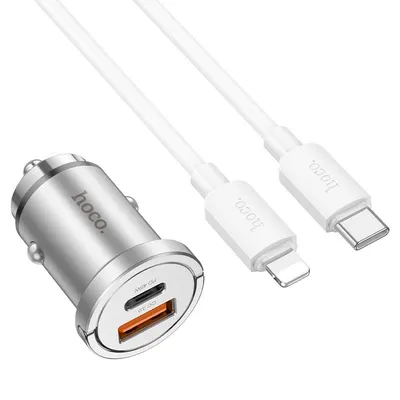 Set Incarcare Auto pentru iPhone, Hoco NZ10 + Cablu Lightning 1m, Incarcare rapida 45W, Argintiu Engros