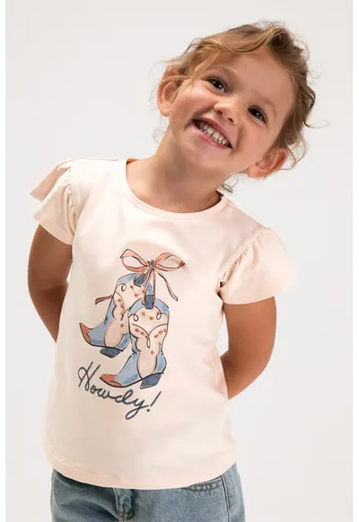 Tricou din amsetec de bumbac cu maneci fluture - Piersica