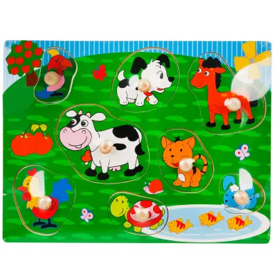 Puzzle din lemn, Animale domestice cu maner, 8 piese