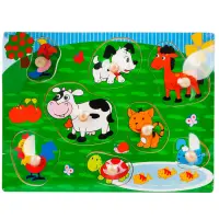 Puzzle din lemn, Animale domestice cu maner, 8 piese