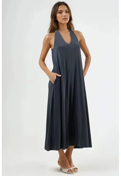 Rochie Maxi dama - decolteu in V - drapaj - gri inchis - modal/poliester