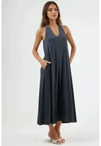 Rochie Maxi dama - decolteu in V - drapaj - gri inchis - modal/poliester