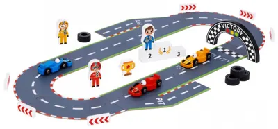 Pistă de joacă din lemn pentru copii Tooky Toy - Competiție cu cărucioare