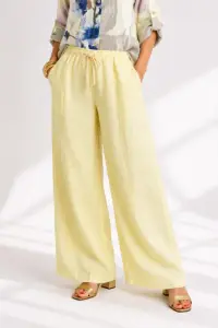 Pantaloni largi de vara din in, cu talie elastica, galbeni