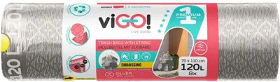 Saci de gunoi cu legături viGO! - Premium #1, 120 l, 8 buc, argintiu