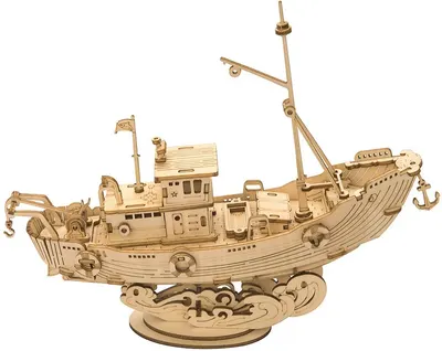 Puzzle 3D din lemn Robo Time din 104 de piese - O navă de pescuit