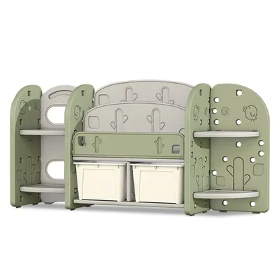 Raft organizator pentru carti si jucarii cu 4 polite,2 cutii depozitare si 2 rafturi carti Nichiduta Birds ,robust cu margini rotunjite,ideal pentru camera copii,crese sau gradinite Green