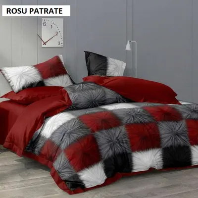 Lenjerie pat cu husa FINET (6 piese) rosu patrate 180x200 cm, Ralex | 1 buc