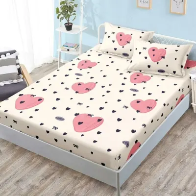 (OFERTA 3 la 159 Lei) Cearsaf cu elastic, FINET, 180x200cm, 2 fete de perne 50x70cm, Crem, Roz, Inimioare