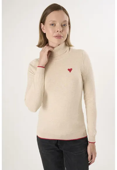 Pulover slim fit cu guler inalt - Bej