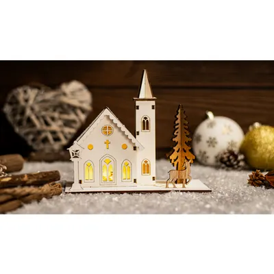 Biserica de Craciun cu LED, lemn, cu baterii (X24002) Timer 6+18h, 3LED, 3000K, 2xAAA