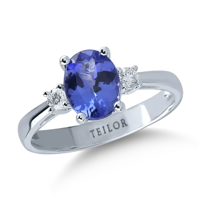 Inel din aur alb cu tanzanit oval de 1.6ct si diamante de 0.1ct