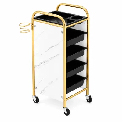 Ucenic / Asistent Coafor Marble Gold cu 4 Sertare si Suport Foehn | Mobil pe Roti | 80 cm | Alb