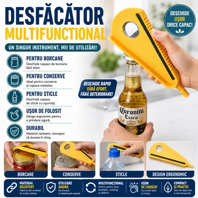 Desfacator multifunctional pentru conserve/sticle/borcane, ABS/Cauciuc, Galben