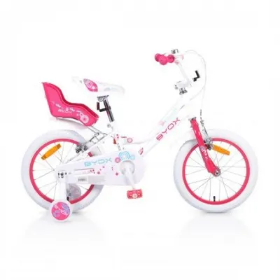 Bicicleta pentru fetite Byox Princess White 16 inch, cu roti ajutatoare si portbagaj papusi, frana fata si spate V-brake, Sa si ghidon reglabile pe inaltime, claxon