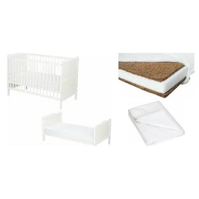 Set Patut din lemn bebe Qmini, Julia, 120x60 cm, Alb + Saltea patut bebe, Cocos Confort II, Cu husa detasabila, Antialergica, 120x60x8 cm + Protectie impermeabila, Pentru patuturi 120x60 cm, Alb