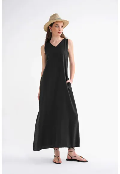 Rochie Maxi - fara maneci - decolteu in V - negru - textil