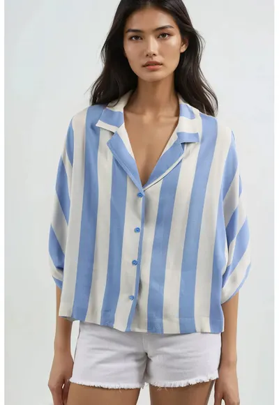 Camasa dama - cu dungi - croiala lejera - albastru - textil