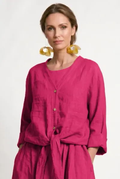 Blazer din in cu croiala lejera si inchidere cu nod, fucsia