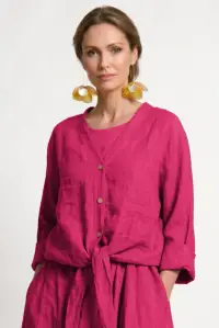 Blazer din in cu croiala lejera si inchidere cu nod, fucsia