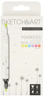 Markere permanente cu două capete Bruno Visconti Sketch&Art - Neon, 6 culori