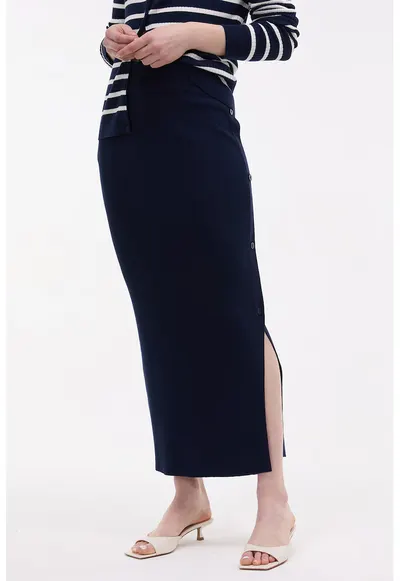 Fusta midi din tricot cu slit lateral cu nasturi - Albastru ultramarin