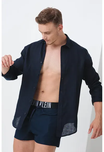 Pantaloni scurti de baie cu banda logo - Bleumarin