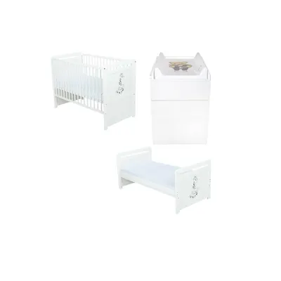 Set mobilier pentru copii, BabyNeeds: Patut multifunctional din lemn de pin, transformabil junior, cu somiera reglabila in 3 trepte, Nadia II, 120x60 cm + Saltea cocos-burete 8 cm + Comoda cu masa de infasat, Alb