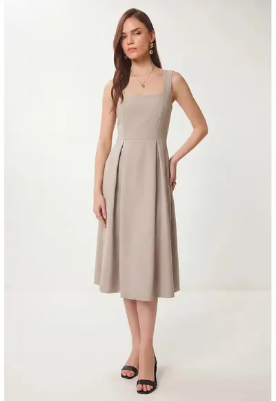 Rochie Midi - Happiness Istanbul - A-line - guler patrat - poliestwqfwqer - Piatra Naturala