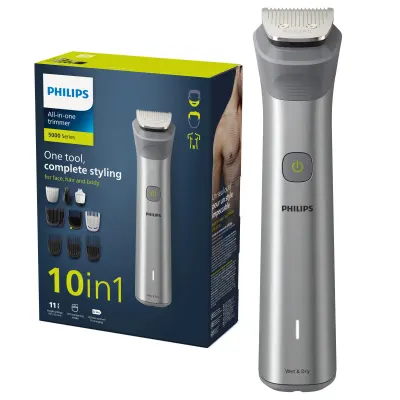 Aparat de tuns barba si parul 10 in 1 PHILIPS Multigroom All in One MG5920 15, tehnologie BeardSense, lame din otel cu auto-ascutire, 11 setari de