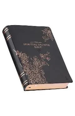 The Spiritual Growth Bible, Study Bible, NLT - New Living Translation Holy Bible, Faux Leather, Black Rose Gold Debossed Floral