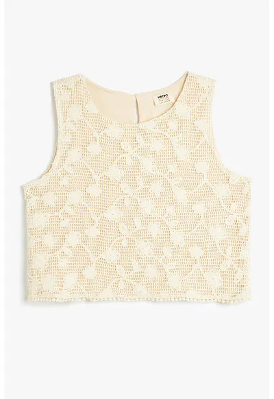 Top crop cu broderii - Alb/Bej