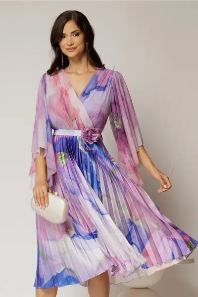 Rochie midi din tull cu imprimeu lila si fusta plisata din satin