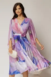 Rochie midi din tull cu imprimeu lila si fusta plisata din satin