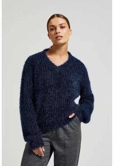 Pulover pufos cu fir metalic bleu inchis - Bleumarin