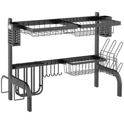 HOMCOM Uscător de Vase de Tip Stand Modular cu 2 Nivele 65x31.5x52.5 cm Negru | Aosom Romania