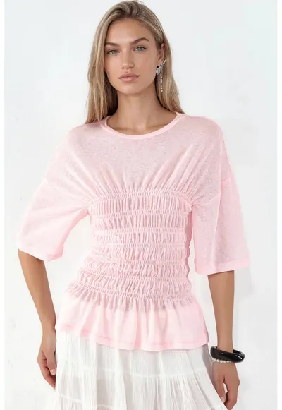 Bluza dama - bluza din crep cu volane - roz pudra - 100% poliester