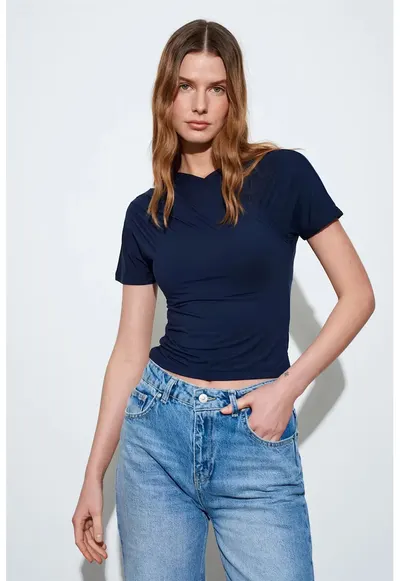 Bluza dama - slim fit - decolteu in V - bleumarin - jerseu