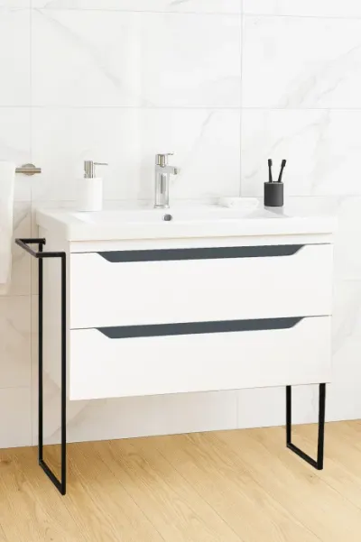 Set Baza front MDF si Lavoar seria 756, cu sertare, cadru metalic, montat, 80 cm, alb + antracit