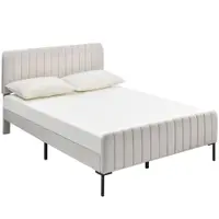 Pat dublu tapițat din țesătură de in 160x200 cm, cu tăblie reglabilă și somieră cu lamele, fără saltea, Gri+Bej