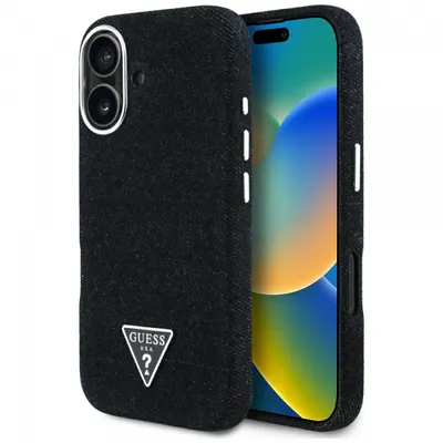 Husa MagSafe pentru Apple iPhone 16, Guess, Denim Triangle Logo, Neagra
