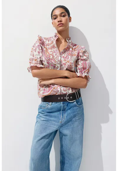 Bluza cu maneci trei sferturi si model paisley - Alb/Roz prafuit