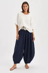 Pantaloni de vara din in cu croi balon oversized si talie elastica, bleumarin