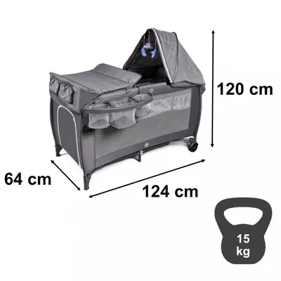 Patut de calatorie multifunctional pentru copii, pliabil, pe doua nivele, cadru stabil din aluminiu, accesorii incluse, cu saltea 60 x 120 x 1cm si geanta de depozitare inclusa