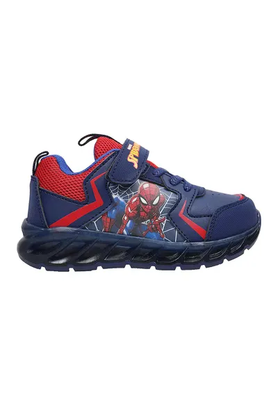 Pantofi sport cu velcro si imprimeu Spiderman - Albastru inchis/Rosu vermillion