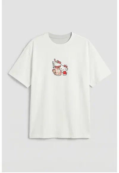 Tricou de bumbac cu imprimeu Hello Kitty - Rosu/Alb/Roz pastel