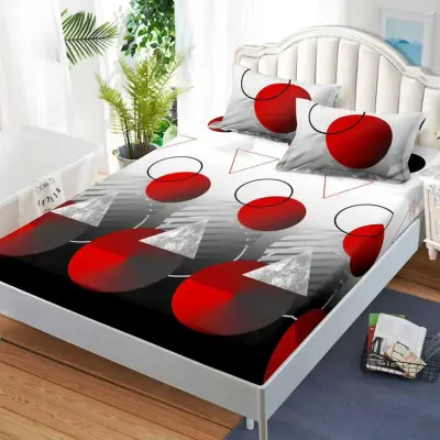 Cearsaf cu Elastic, Bumbac Satinat, 160x200 cm + 2 Fete de Perna 50x70 cm, Negru, Rosu, Alb, abstract