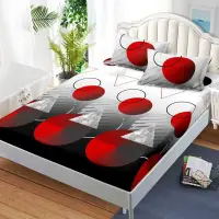 Cearsaf cu Elastic, Bumbac Satinat, 160x200 cm + 2 Fete de Perna 50x70 cm, Negru, Rosu, Alb, abstract