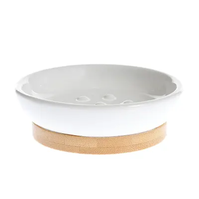 Savoniera din ceramica alba cu baza din bambus 10 cm