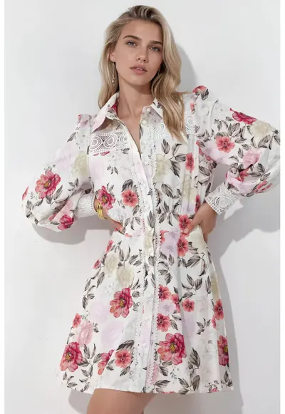 Rochie camasa mini - floral - alb prafuit - dantela - poliester-bumbac-lycra
